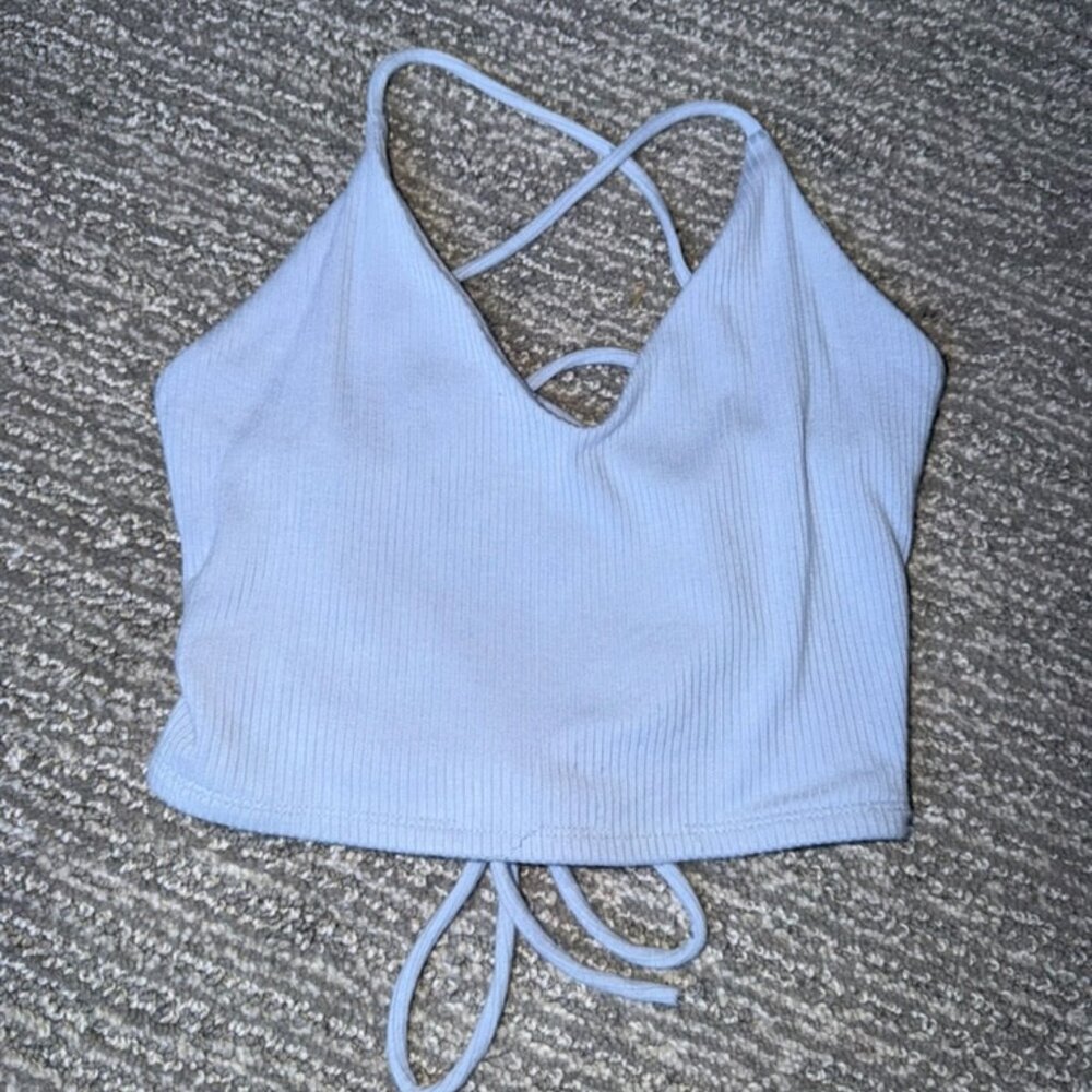 Garage Light Blue Ribbed Lace-Up Back Crop Top
